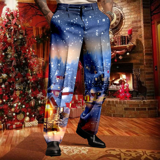New Year Merry Christmas Suit Pants Men Holiday Party Wear Snowflake Printed Trousers Formal Wedding Button Suit Pants For Men-Deals With JT