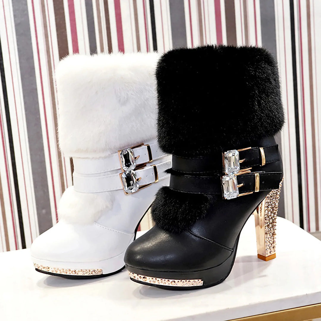 Rhinestone High Heeled Short boots for women Thick With Short Round Head Side Zipper Super High With Fashion party Boots Female-Deals With JT