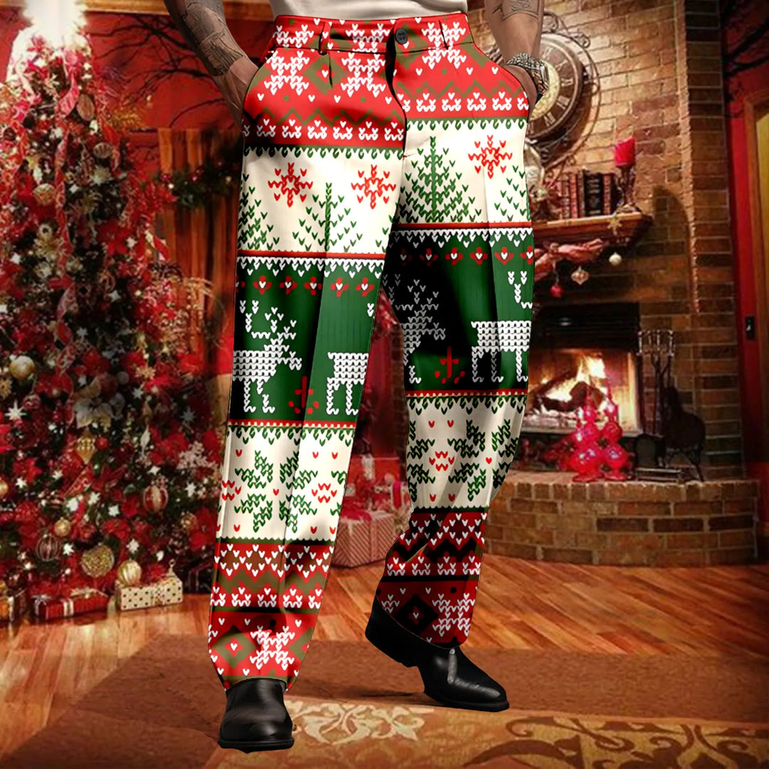 New Year Merry Christmas Suit Pants Men Holiday Party Wear Snowflake Printed Trousers Formal Wedding Button Suit Pants For Men-Deals With JT