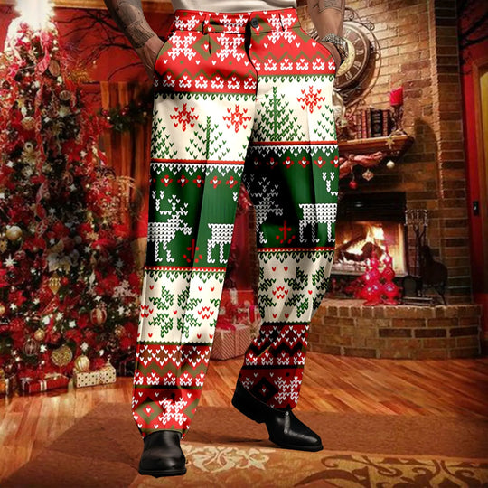 New Year Merry Christmas Suit Pants Men Holiday Party Wear Snowflake Printed Trousers Formal Wedding Button Suit Pants For Men-Deals With JT