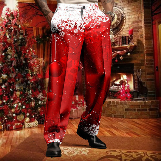 New Year Merry Christmas Suit Pants Men Holiday Party Wear Snowflake Printed Trousers Formal Wedding Button Suit Pants For Men-Deals With JT