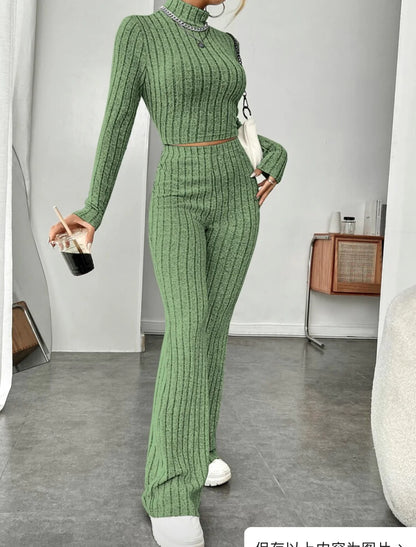 ESSENTIAL Long Sleeve Turtlenecks Wide Leg High Waist Trousers Suit