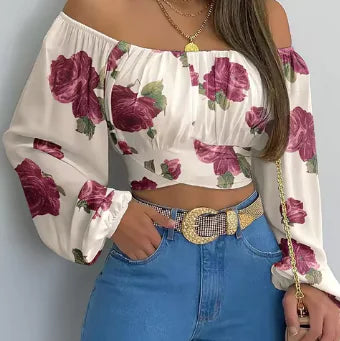 Women's Off Shoulder Printed Blouses, womens clothes, flower print, front