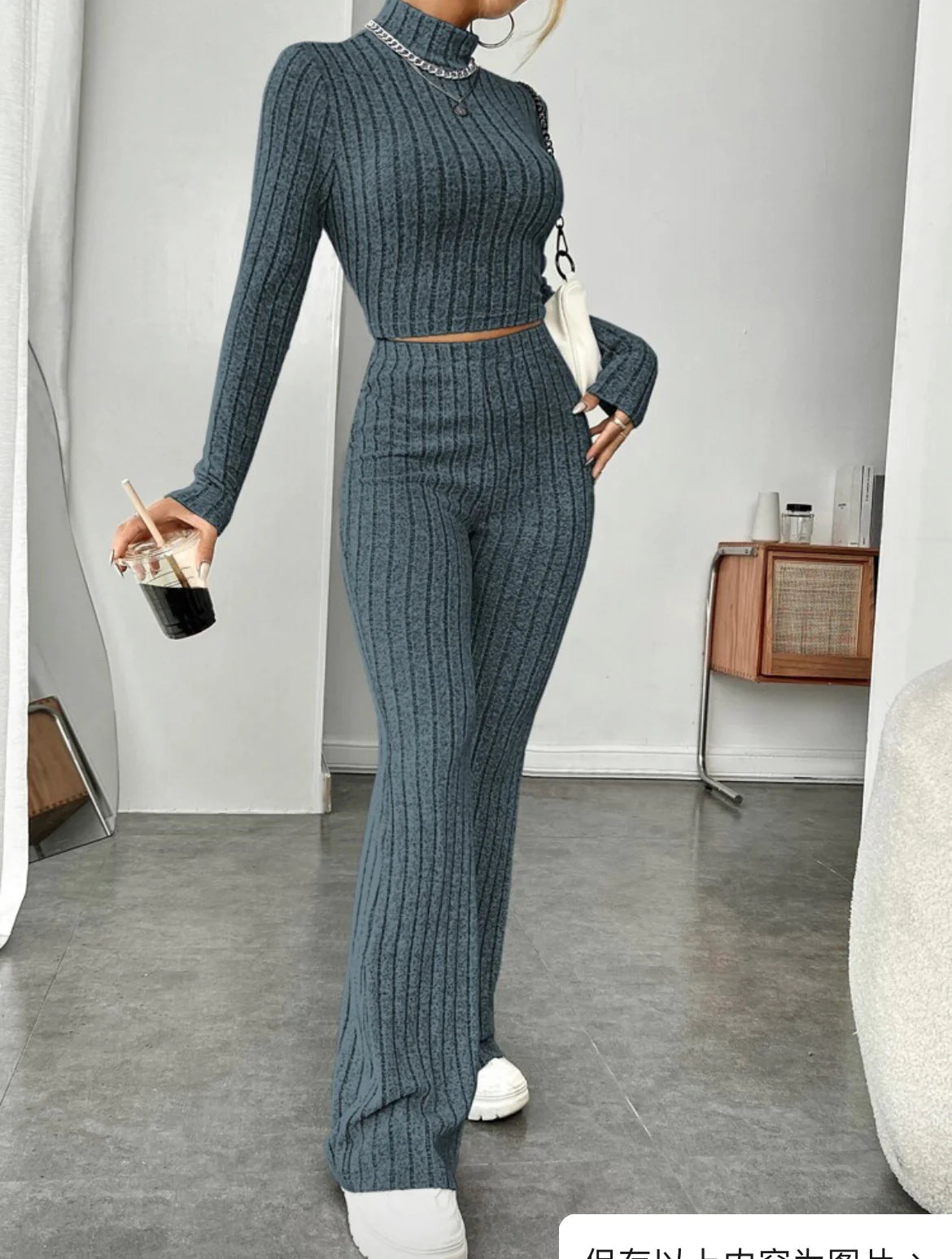 ESSENTIAL Long Sleeve Turtlenecks Wide Leg High Waist Trousers Suit