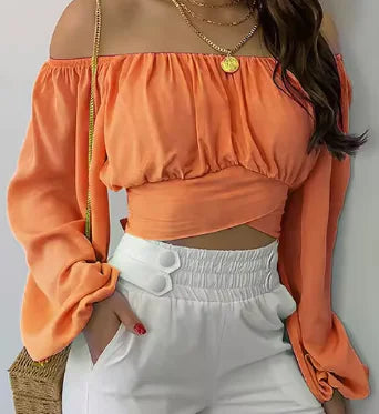 Women's Off Shoulder Printed Blouses, womens clothes, orange, front