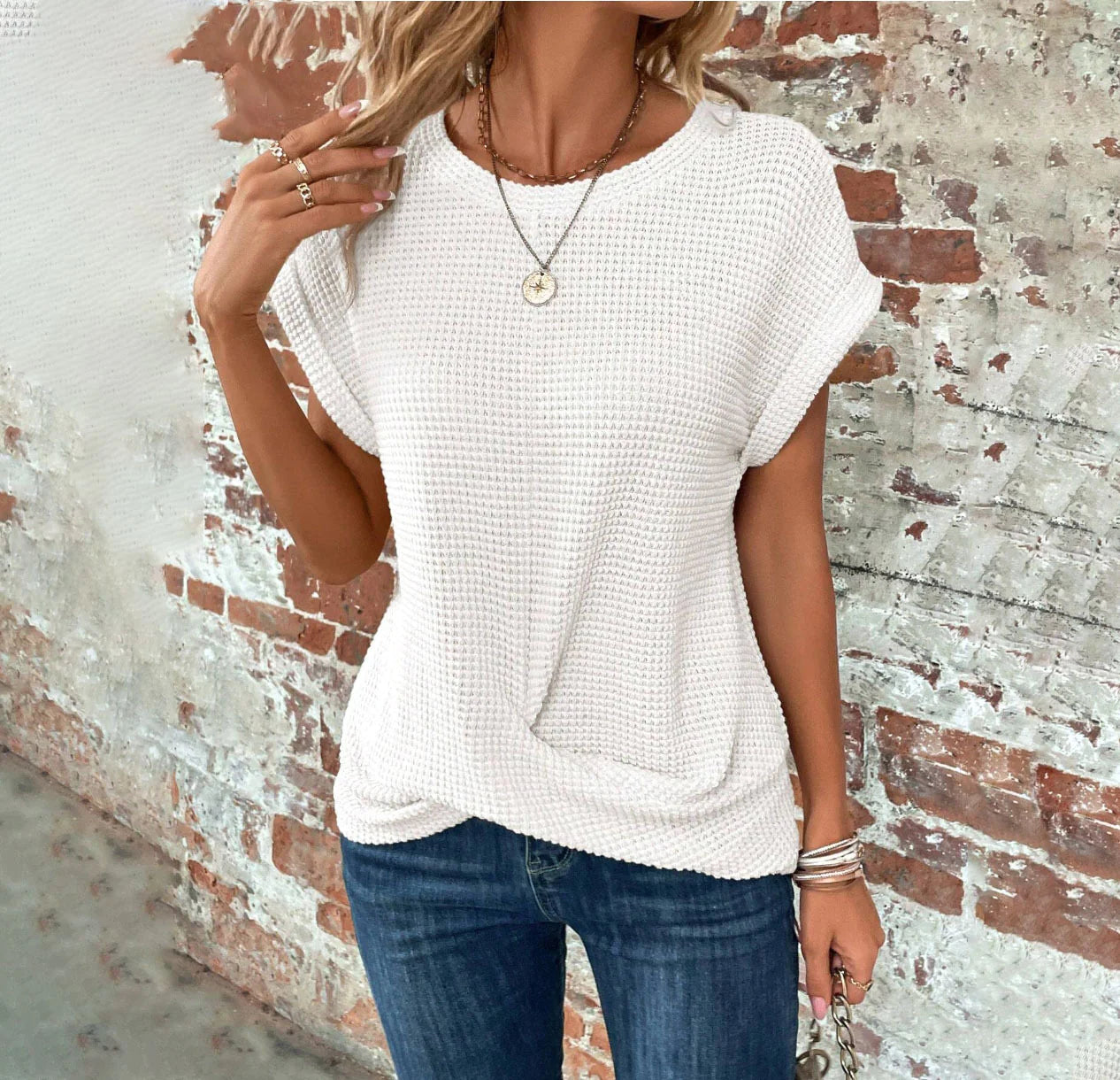 Chic and Comfy: Summer Solid Color Waffle Crew Neck Tee for Women