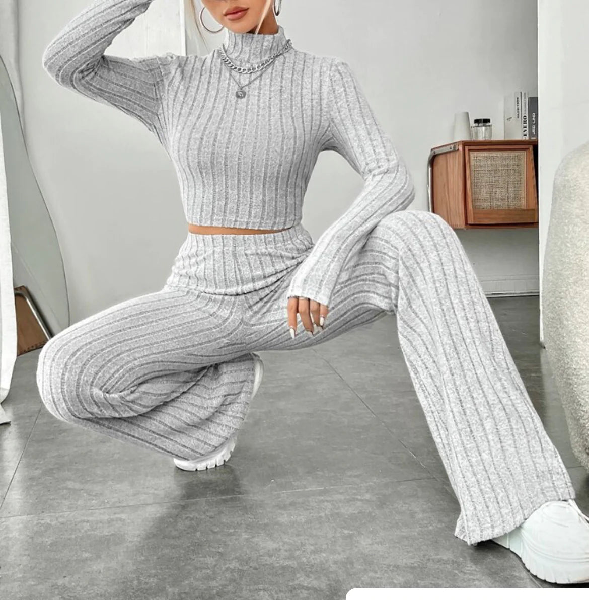 ESSENTIAL Long Sleeve Turtlenecks Wide Leg High Waist Trousers Suit