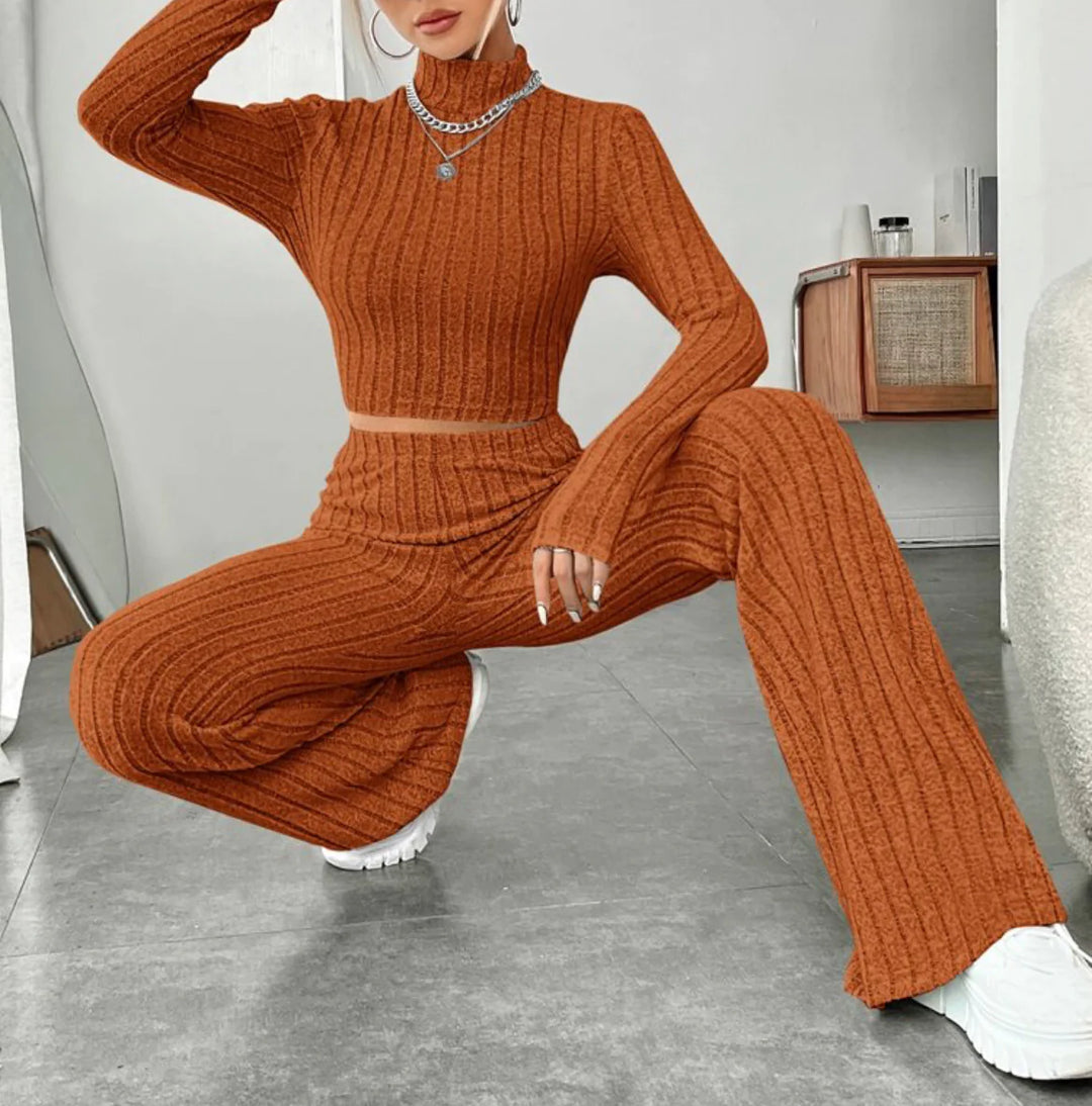 ESSENTIAL Long Sleeve Turtlenecks Wide Leg High Waist Trousers Suit