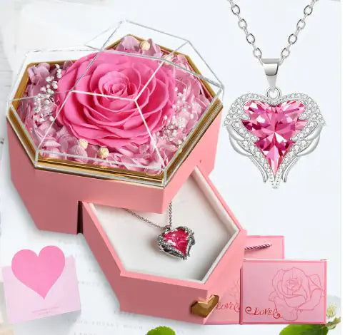 Heart Love Necklace with Rose Jewelry Box