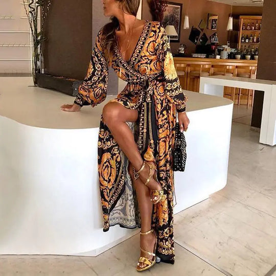 2021 New Style Fashion Elegant Women Sexy Boat Neck Glitter Deep V Neck Print Party Dress Formal Long Dress Sexy Clubwear