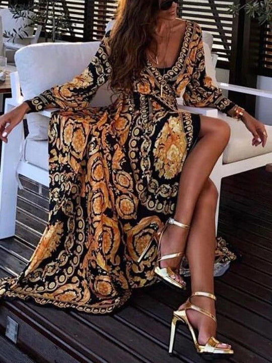 2021 New Style Fashion Elegant Women Sexy Boat Neck Glitter Deep V Neck Print Party Dress Formal Long Dress Sexy Clubwear