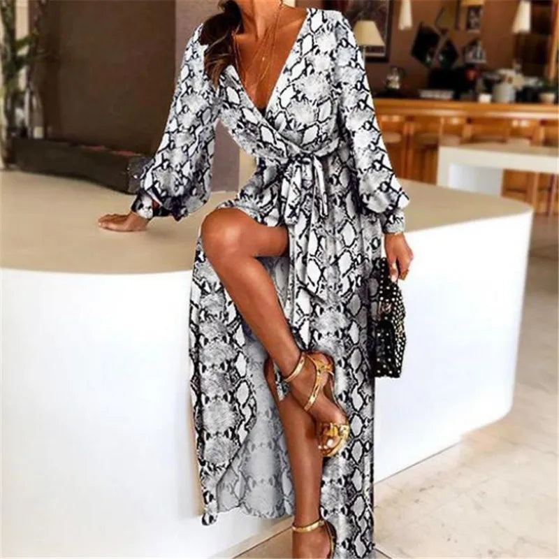 2021 New Style Fashion Elegant Women Sexy Boat Neck Glitter Deep V Neck Print Party Dress Formal Long Dress Sexy Clubwear