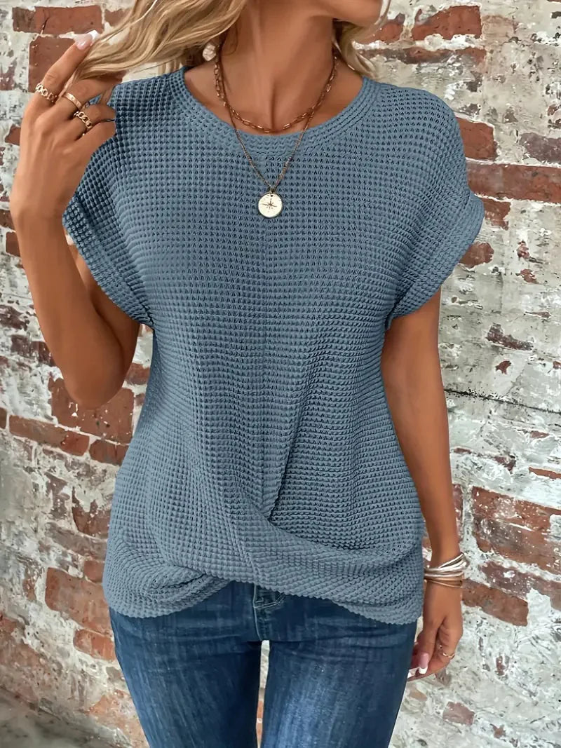 Chic and Comfy: Summer Solid Color Waffle Crew Neck Tee for Women