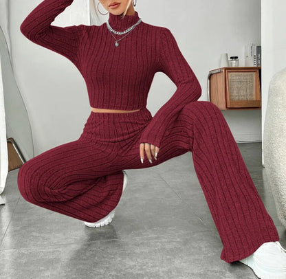 ESSENTIAL Long Sleeve Turtlenecks Wide Leg High Waist Trousers Suit