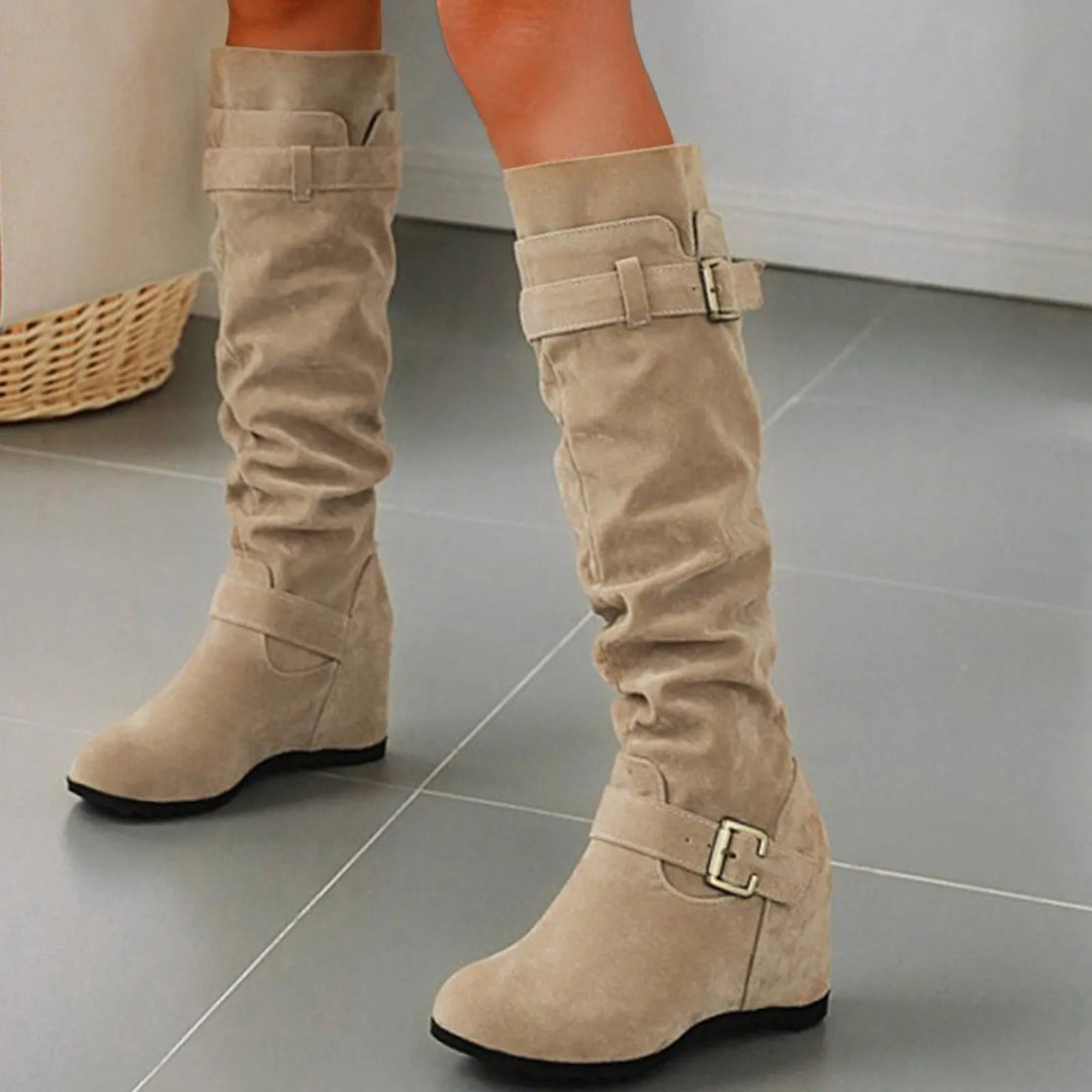 Womens High Heel Boots Ladies Fashion Solid Suede Belt Buckle Decoration With Elevated Wedge Heel Womens Boots Size 9 Knee High