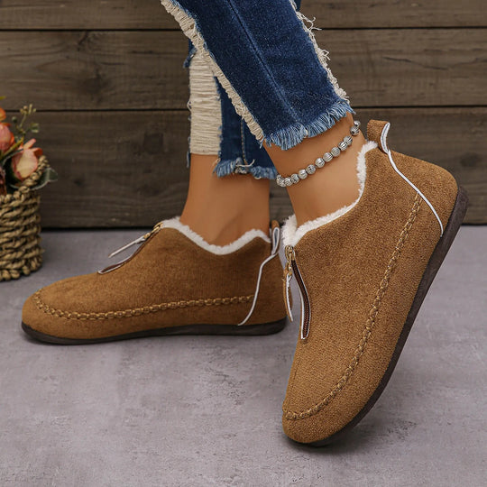 Velvet Warm Flat Soled Round Toe Cotton Shoes Snow Boots For Women Wide Width Slip On Women'S Fashionable Zippered Low Boot