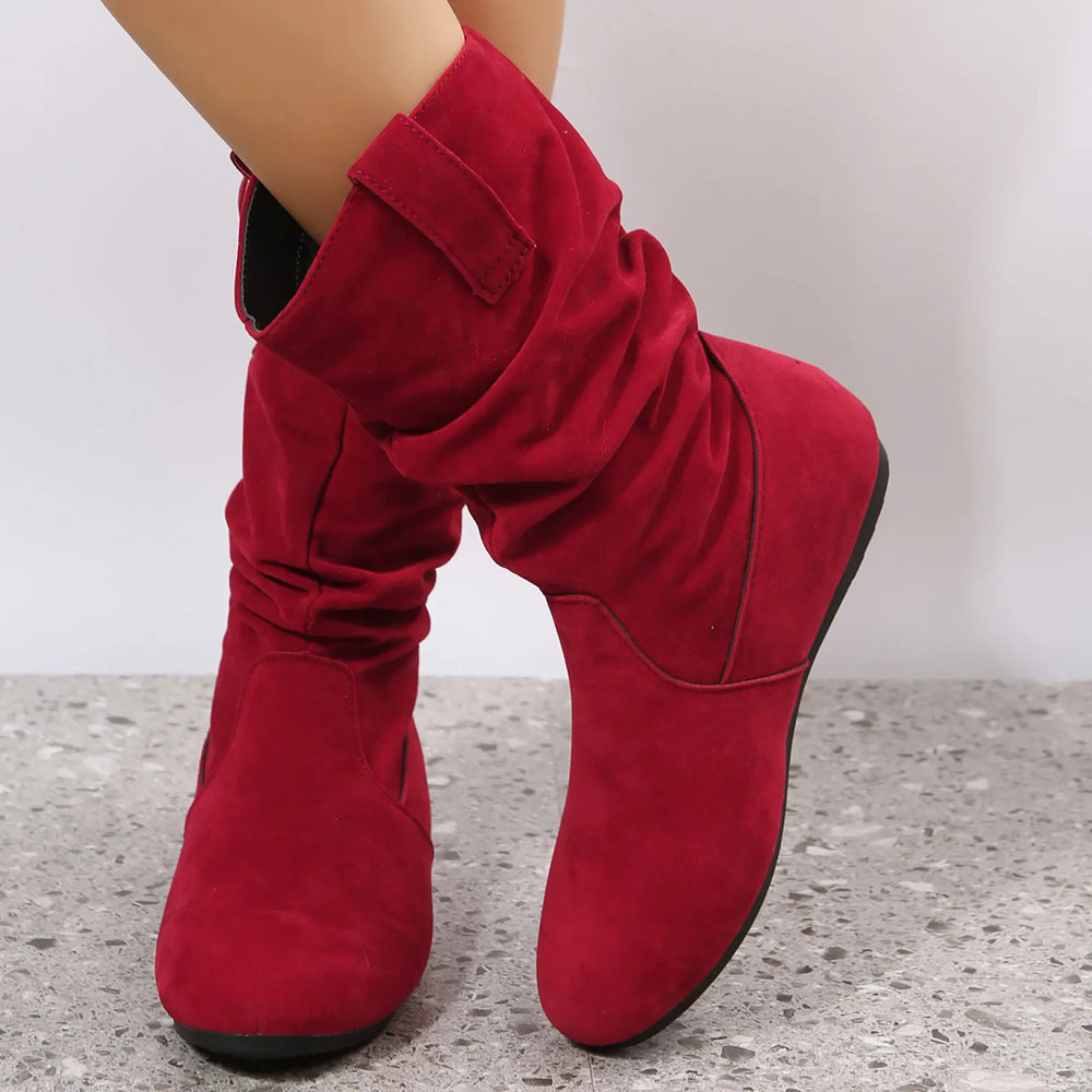 Womens Heel Boots Mid Calf Ladies Fashion Solid Colour Simple Round Toe Suede Flat Bottom Sleeve Cowboy Boots Women with Crosses-Deals With JT