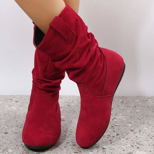 Womens Heel Boots Mid Calf Ladies Fashion Solid Colour Simple Round Toe Suede Flat Bottom Sleeve Cowboy Boots Women with Crosses-Deals With JT