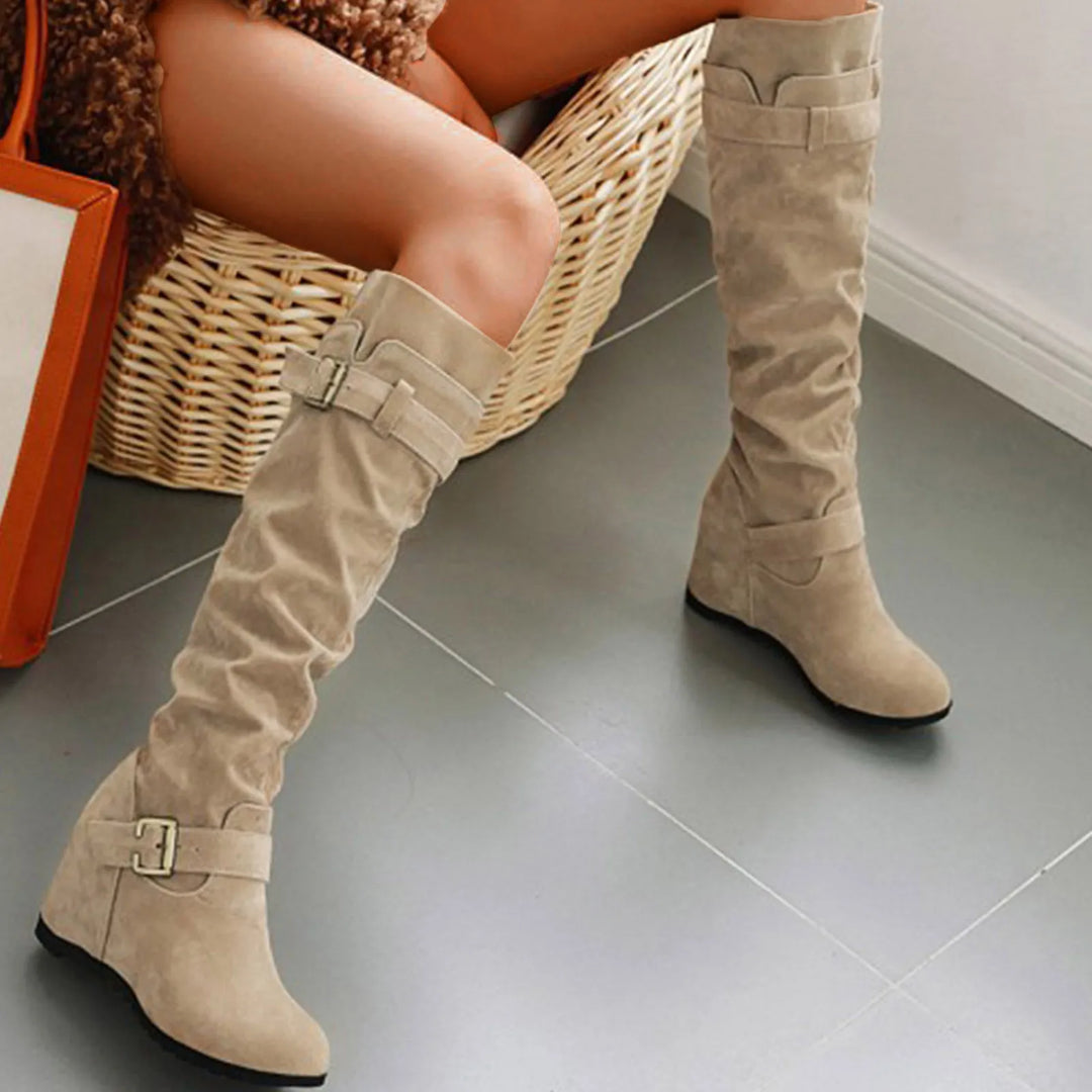 Womens High Heel Boots Ladies Fashion Solid Suede Belt Buckle Decoration With Elevated Wedge Heel Womens Boots Size 9 Knee High