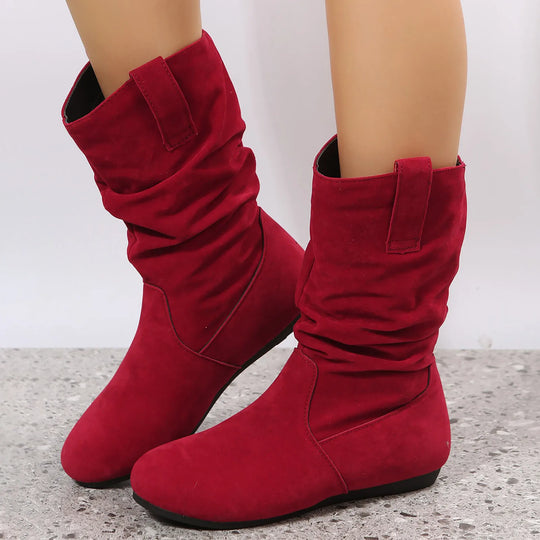 Womens Heel Boots Mid Calf Ladies Fashion Solid Colour Simple Round Toe Suede Flat Bottom Sleeve Cowboy Boots Women with Crosses-Deals With JT