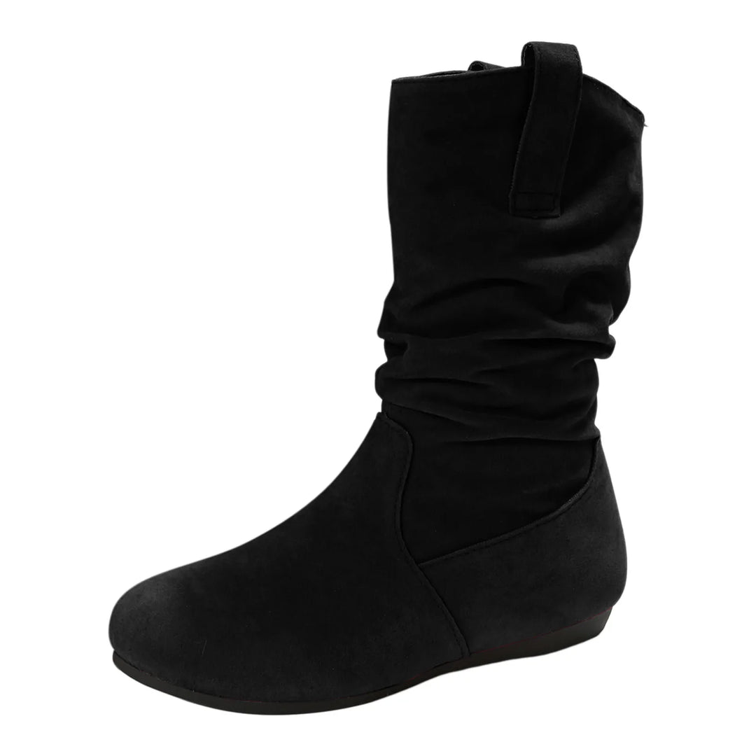 Womens Heel Boots Mid Calf Ladies Fashion Solid Colour Simple Round Toe Suede Flat Bottom Sleeve Cowboy Boots Women with Crosses-Deals With JT