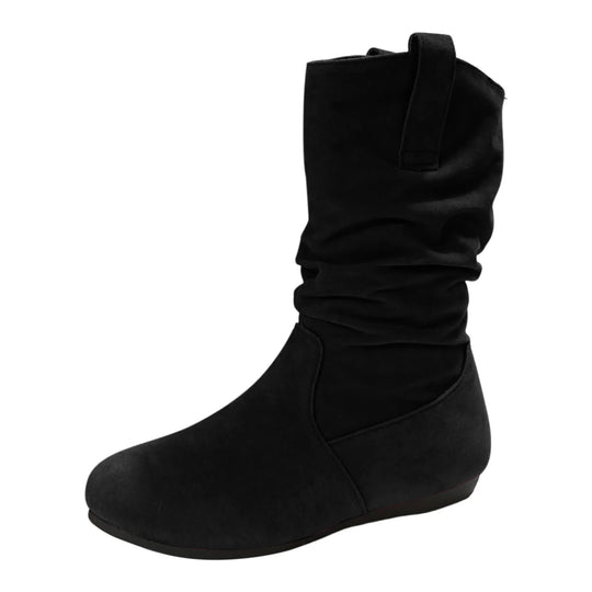 Womens Heel Boots Mid Calf Ladies Fashion Solid Colour Simple Round Toe Suede Flat Bottom Sleeve Cowboy Boots Women with Crosses-Deals With JT