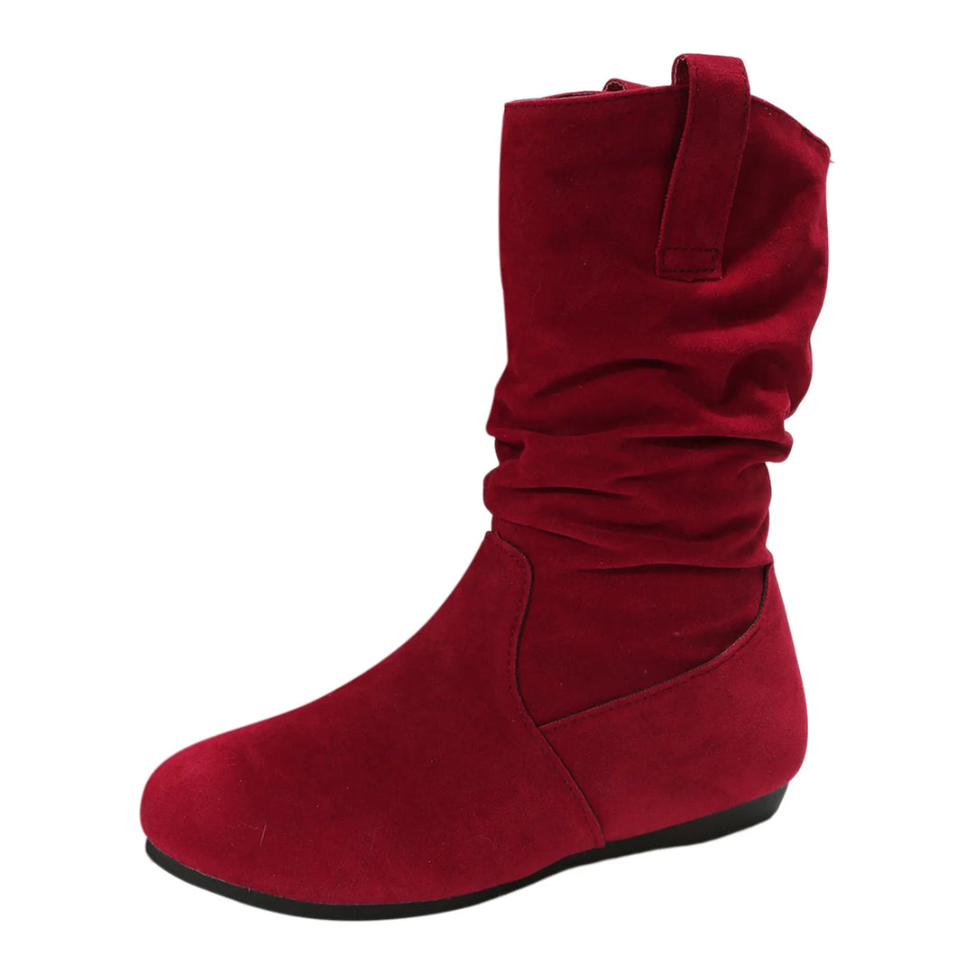 Womens Heel Boots Mid Calf Ladies Fashion Solid Colour Simple Round Toe Suede Flat Bottom Sleeve Cowboy Boots Women with Crosses-Deals With JT