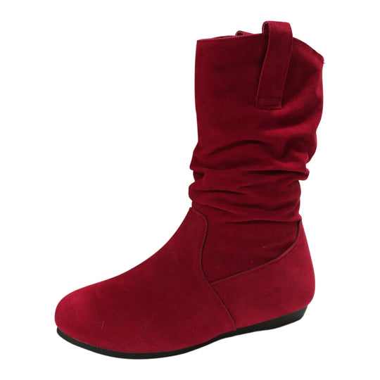 Womens Heel Boots Mid Calf Ladies Fashion Solid Colour Simple Round Toe Suede Flat Bottom Sleeve Cowboy Boots Women with Crosses-Deals With JT