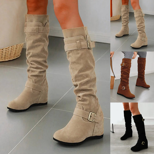 Womens High Heel Boots Ladies Fashion Solid Suede Belt Buckle Decoration With Elevated Wedge Heel Womens Boots Size 9 Knee High