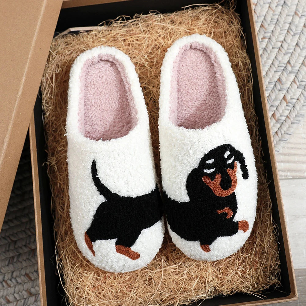 Cute Dog Cotton Slippers for Woman Men 2024 New Autumn Winter Home Floor Shoes Anti-slip Light Weight Couples Indoor Warm Slides-Deals With JT