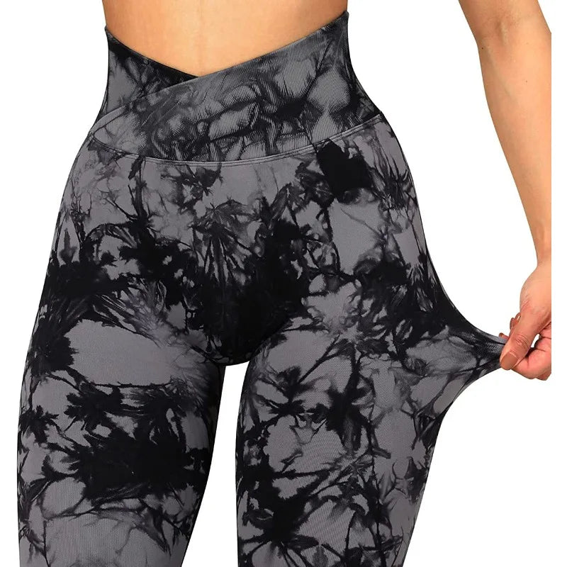 Women Cross Waist Leggings Seamless Tie Dye Leggings High Waist Hip Liftting Gym Workout Running Fashion High Elastic Knit Pants