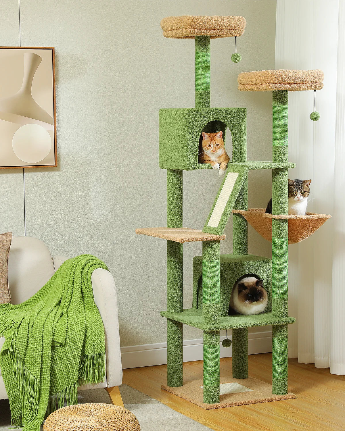 H180CM Large Cat Tree for Indoor Tall Tower for Cat Multi-Level Plush with Natural Sisal Scratching Post Condos Perches Hammock