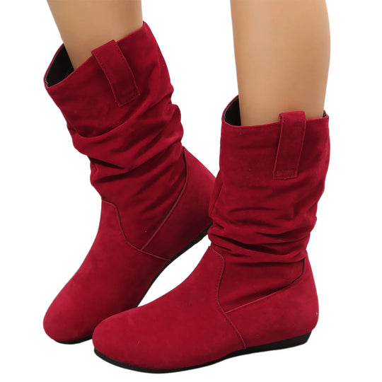Womens Heel Boots Mid Calf Ladies Fashion Solid Colour Simple Round Toe Suede Flat Bottom Sleeve Cowboy Boots Women with Crosses-Deals With JT
