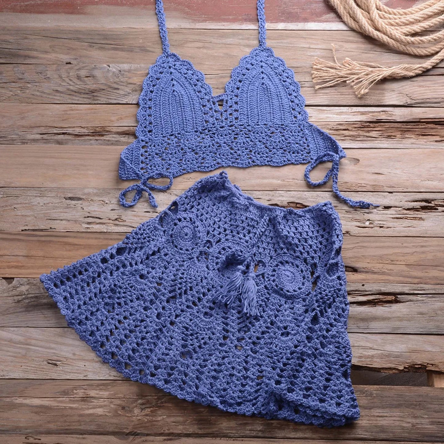 Womens Crocheted Hollowed Out Two Piece Swimsuit Summer Bikini Beach Wear Halter Lace Cotton Bikini Top Smock Dress For Women