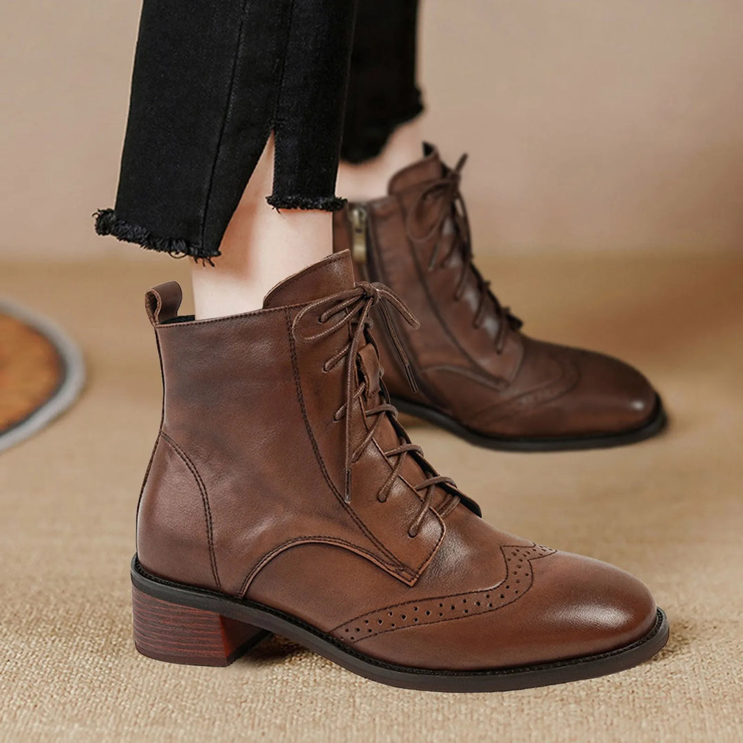 New Women'S Boots Thick Heels Snowy Villi Leather Short Boots Women'S Middle Heel Lace Up Boots Autumn And Winter Shoes Zipper