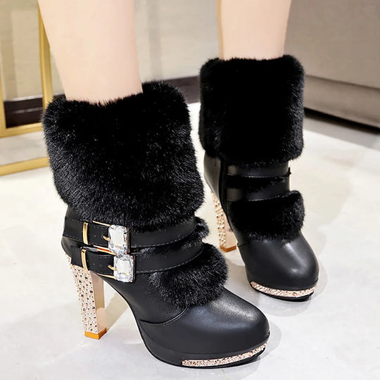 Rhinestone High Heeled Short boots for women Thick With Short Round Head Side Zipper Super High With Fashion party Boots Female