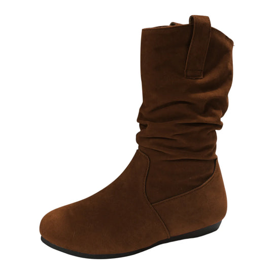 Womens Heel Boots Mid Calf Ladies Fashion Solid Colour Simple Round Toe Suede Flat Bottom Sleeve Cowboy Boots Women with Crosses-Deals With JT