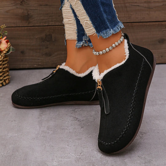 Velvet Warm Flat Soled Round Toe Cotton Shoes Snow Boots For Women Wide Width Slip On Women'S Fashionable Zippered Low Boot