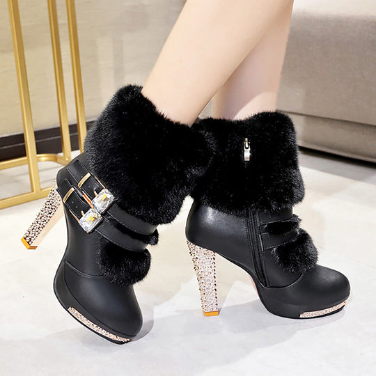 Rhinestone High Heeled Short boots for women Thick With Short Round Head Side Zipper Super High With Fashion party Boots Female