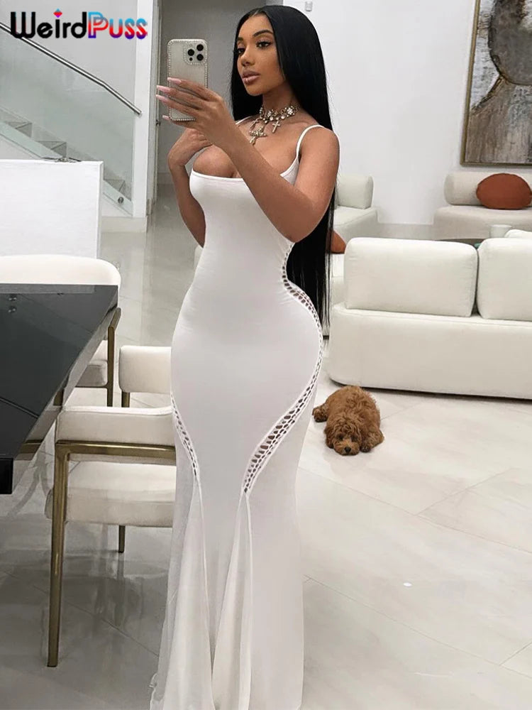Weird Puss Knot Hollow Dress Women Sleeveless Solid Back Split Skinny Stretch Simple Low-Neck Maxi Bodycon Clubwear Vestidos-Deals With JT
