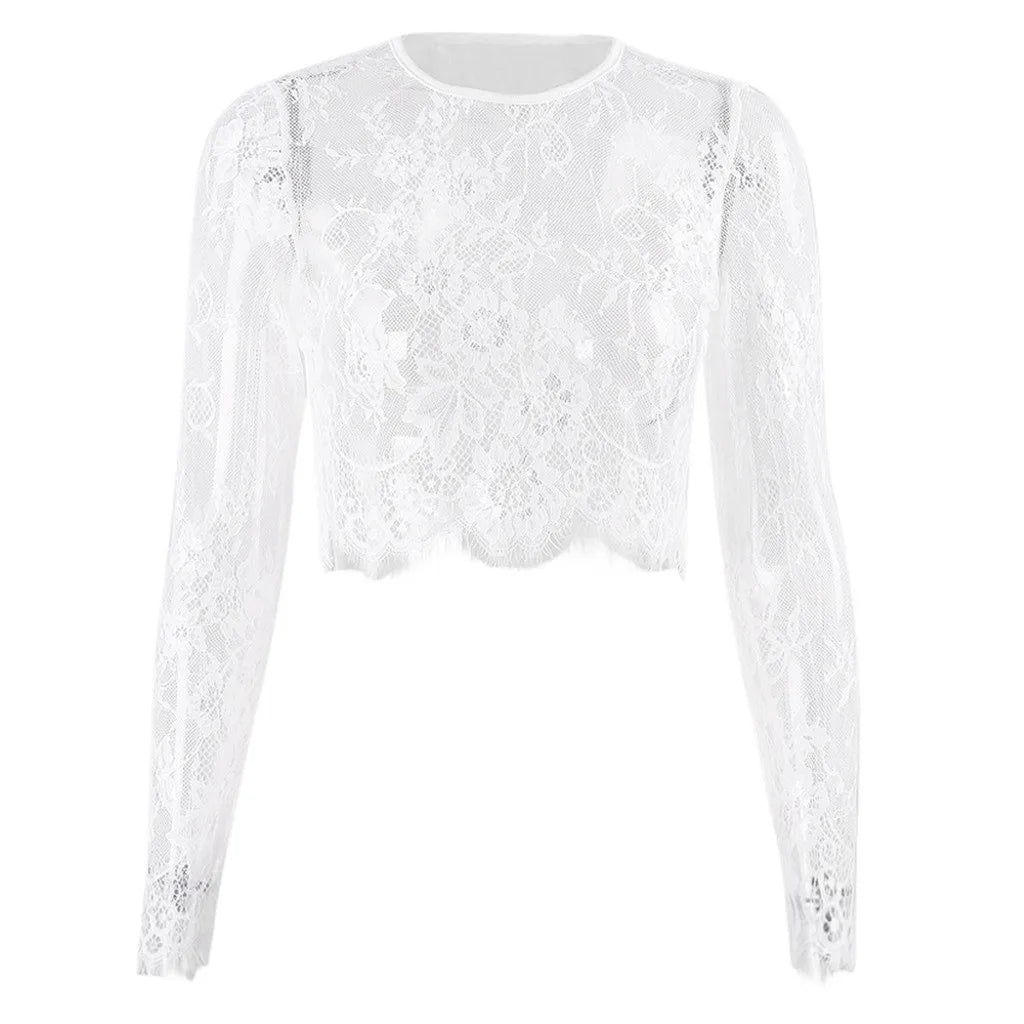 Women Blouses Summer Spring Transparent Lace Mesh Basic Long Sleeve Top Solid Color Embroidered Floral Lace Short Tops Shirt