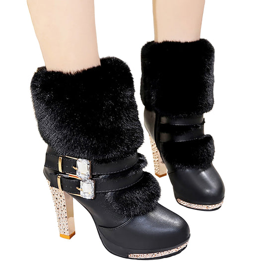 Rhinestone High Heeled Short boots for women Thick With Short Round Head Side Zipper Super High With Fashion party Boots Female