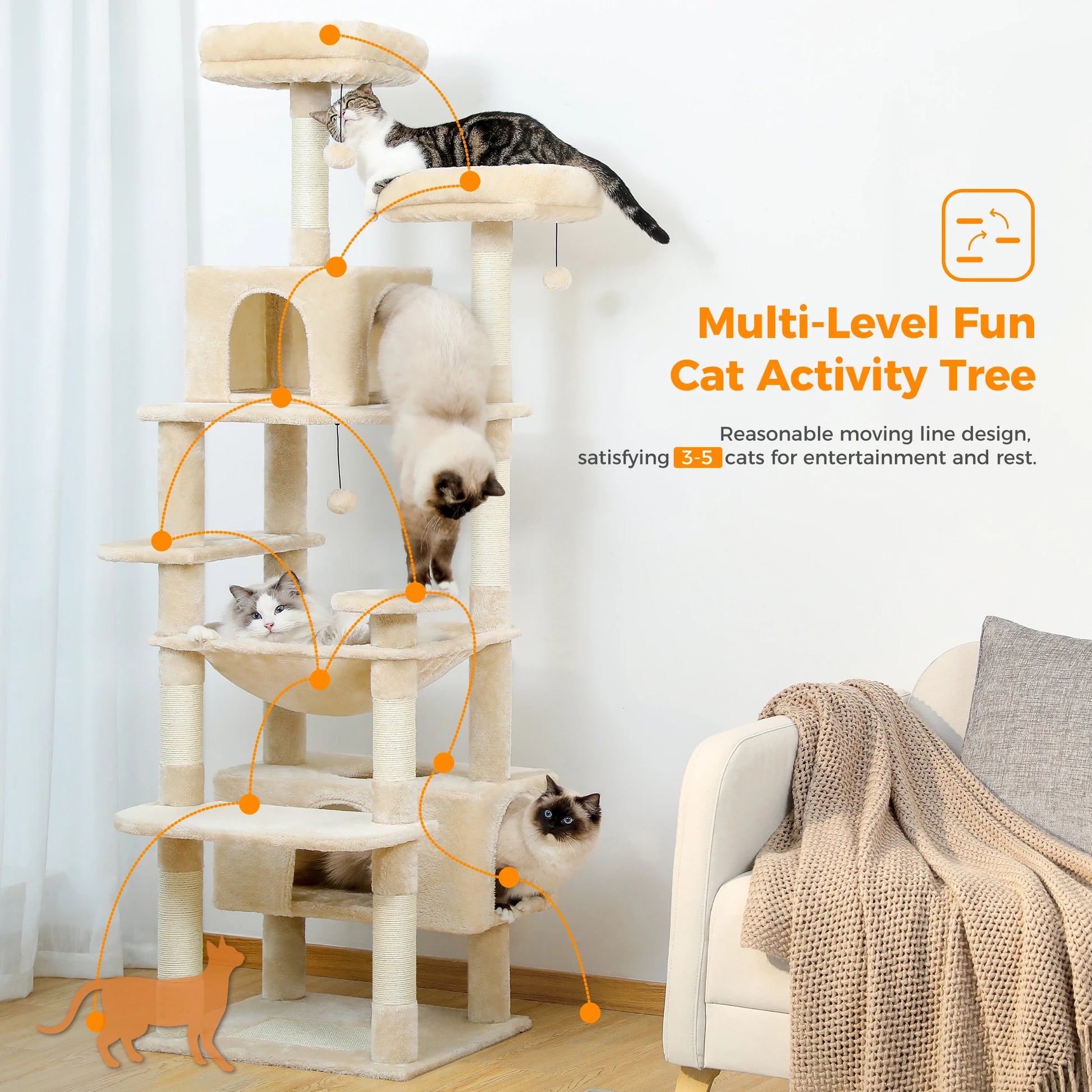 184cm Large Cat Tree with Scratching Posts & Hammock