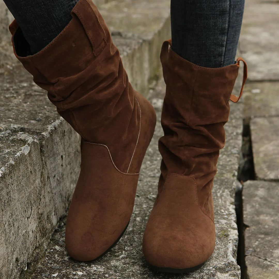 Womens Heel Boots Mid Calf Ladies Fashion Solid Colour Simple Round Toe Suede Flat Bottom Sleeve Cowboy Boots Women with Crosses-Deals With JT