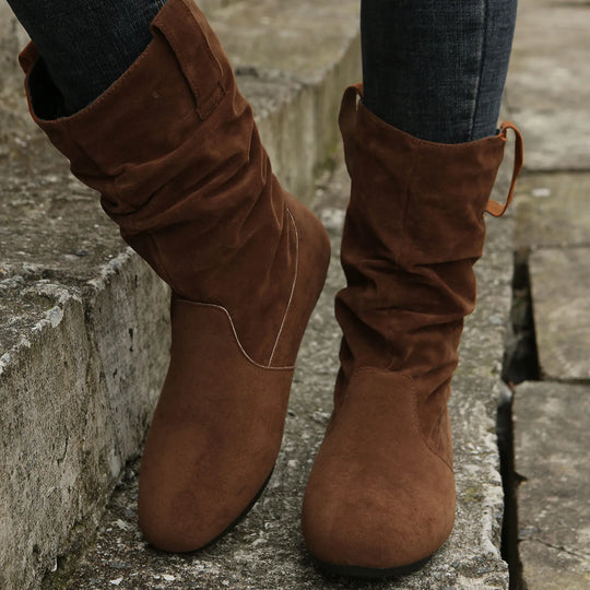 Womens Heel Boots Mid Calf Ladies Fashion Solid Colour Simple Round Toe Suede Flat Bottom Sleeve Cowboy Boots Women with Crosses-Deals With JT