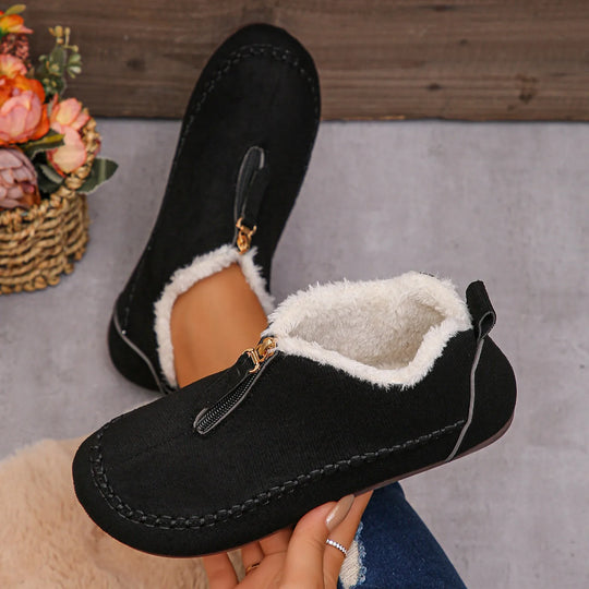 Velvet Warm Flat Soled Round Toe Cotton Shoes Snow Boots For Women Wide Width Slip On Women'S Fashionable Zippered Low Boot