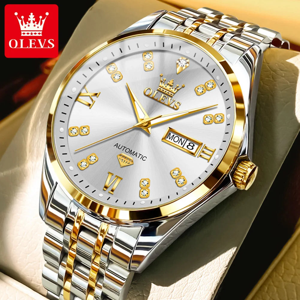 OLEVS 9801 Mens Watch Business Original Automatic Mechanical Watch Dual Calendar Display Waterproof Luminous Mens Gifts New