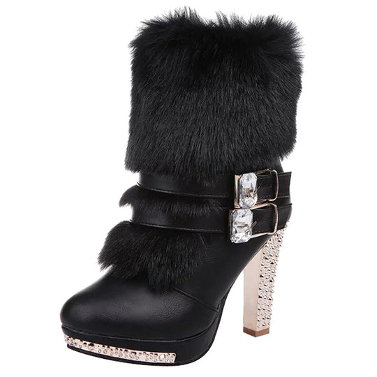 Rhinestone High Heeled Short boots for women Thick With Short Round Head Side Zipper Super High With Fashion party Boots Female