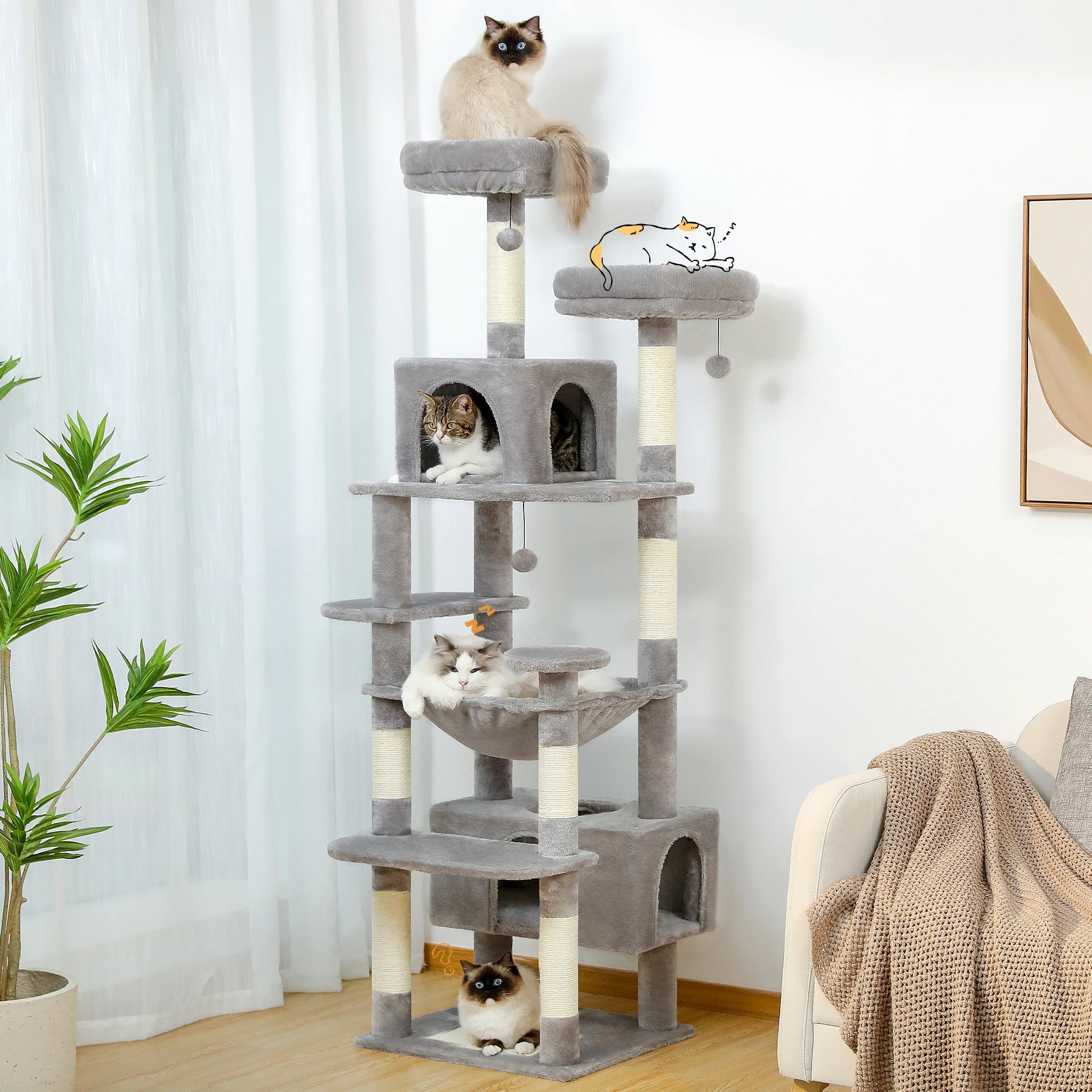 184cm Large Cat Tree with Scratching Posts & Hammock