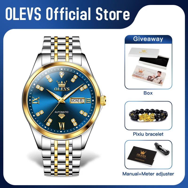 OLEVS 9801 Mens Watch Business Original Automatic Mechanical Watch Dual Calendar Display Waterproof Luminous Mens Gifts New